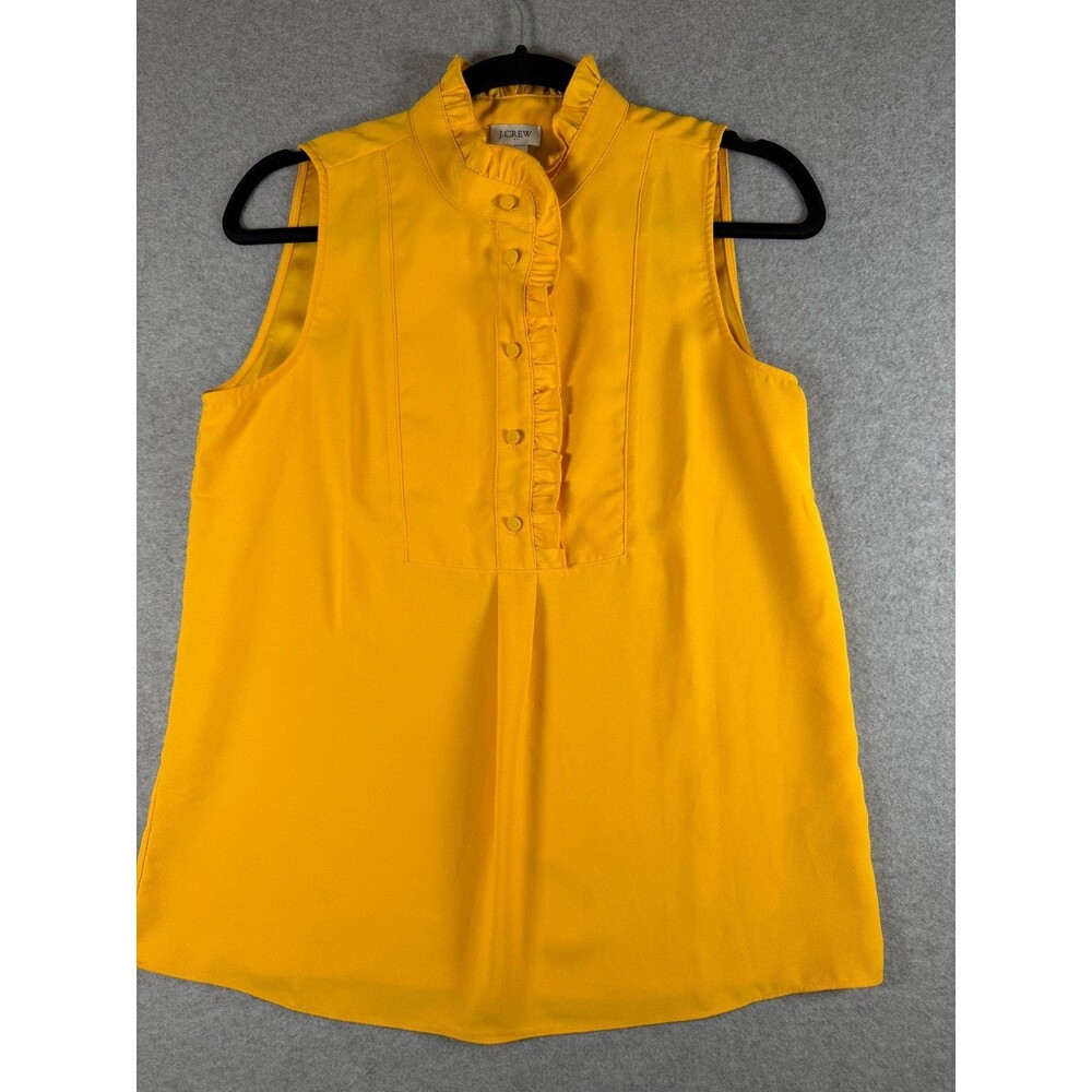 J Crew Yellow Tuxedo Style Button‎ Ruffle Neck Sleeveless Blouse Size 2, SKU 183